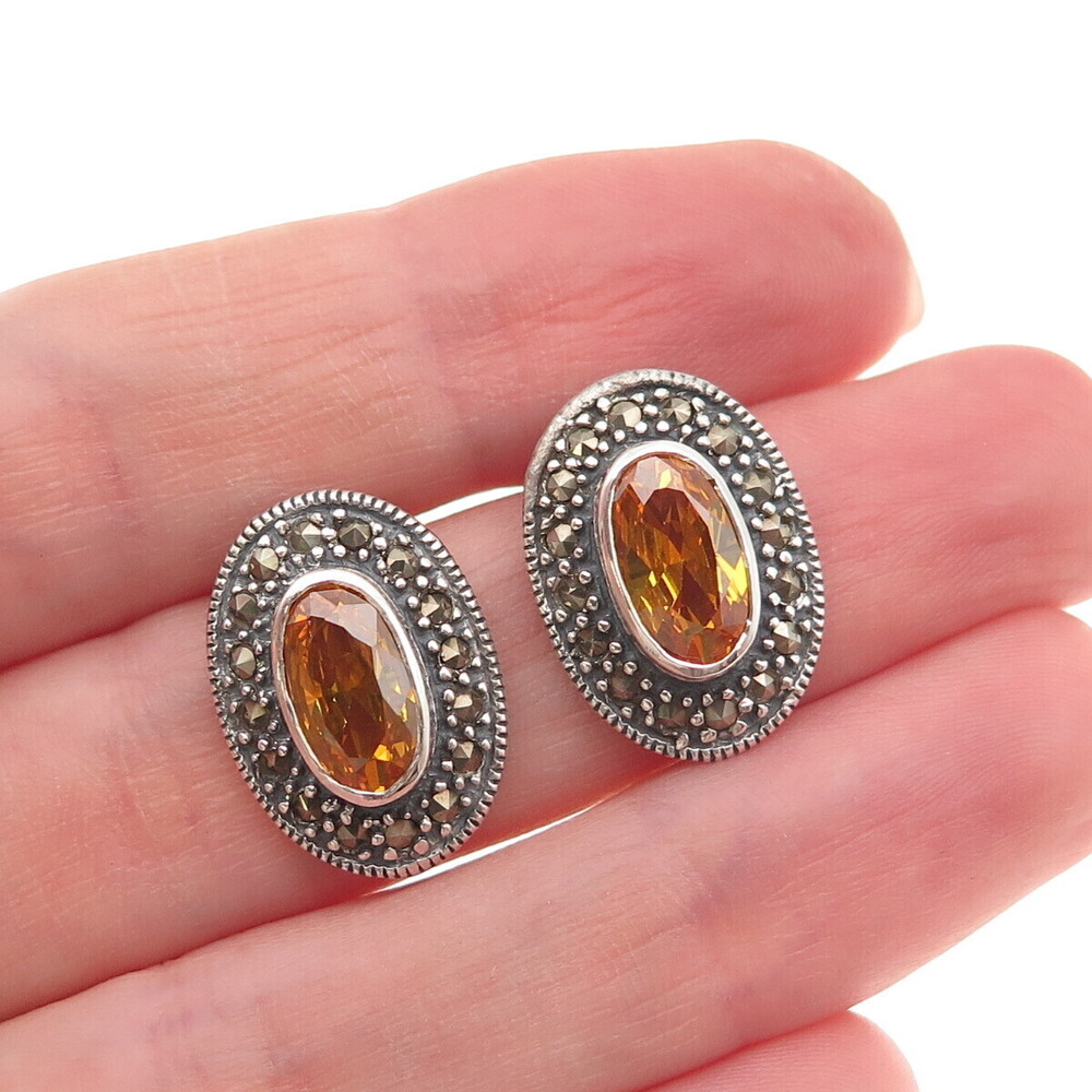 925 Sterling Silver Vintage Real Citrine & Marcasite Oxidized Earrings